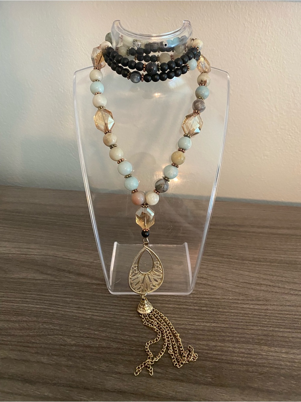 Boho Gold Tassel Multi-Bead Necklace - Pastel and Black